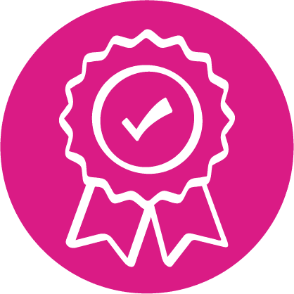 White award ribbon with a check mark in the center on a pink circular background.