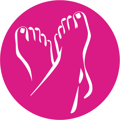 White graphic illustration of two bare feet overlapping, shown on a solid pink circular background.